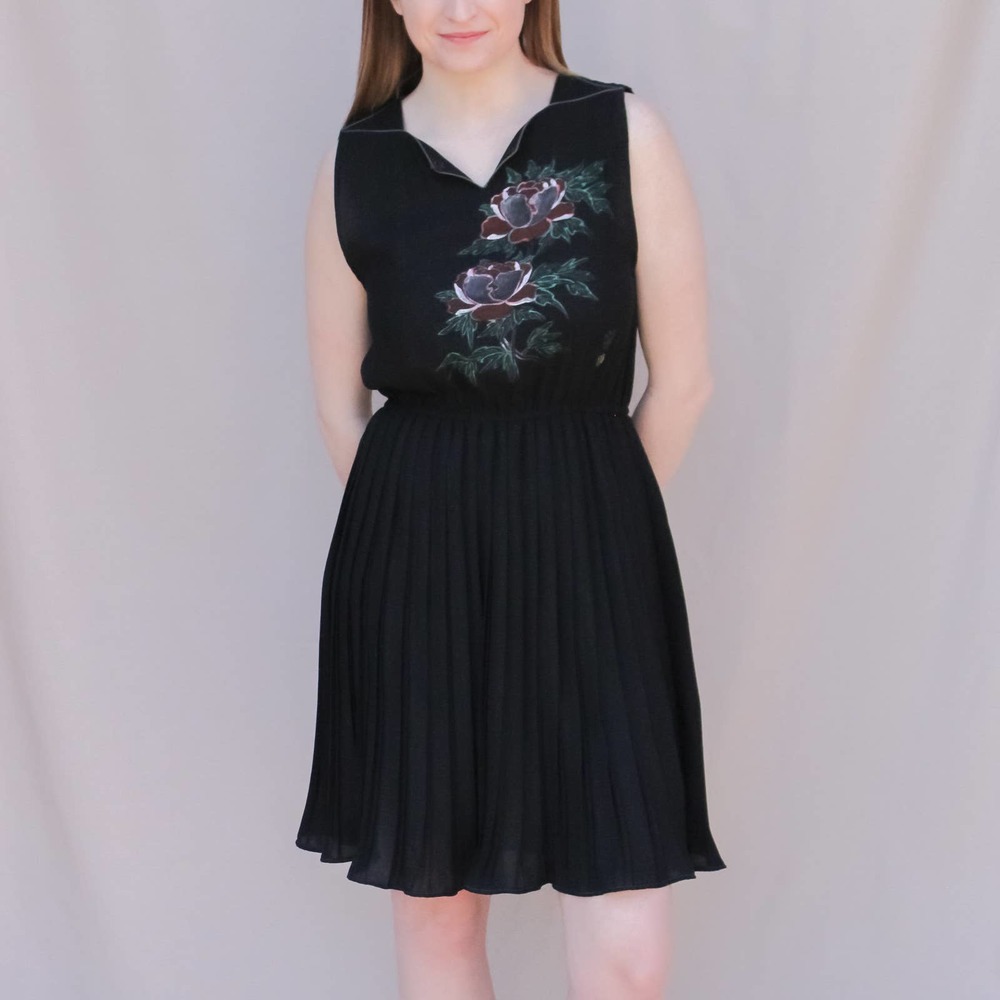 Vintage Handpainted, Pleated Black Dress